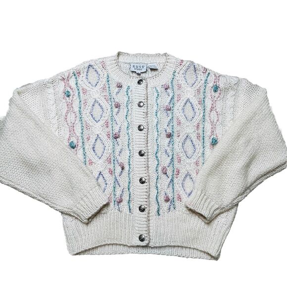 Vintage Russ Studio Crochet Knit Nordic Sweater Cardigan Medium Grandma Pom Pom - Picture 3 of 11